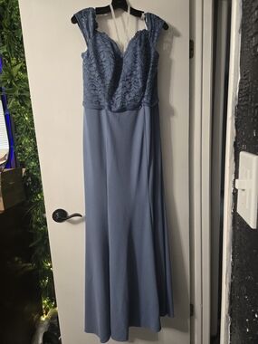 David's Bridal Steel Blue Lace Bodice Bridesmaid Dress